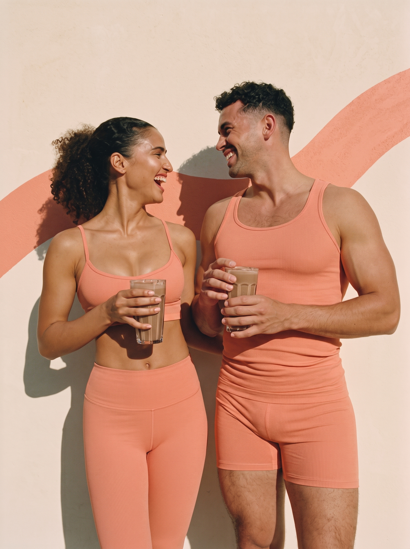 Une femme et un homme en tenue corail rient, un verre de shake chocolat à la main