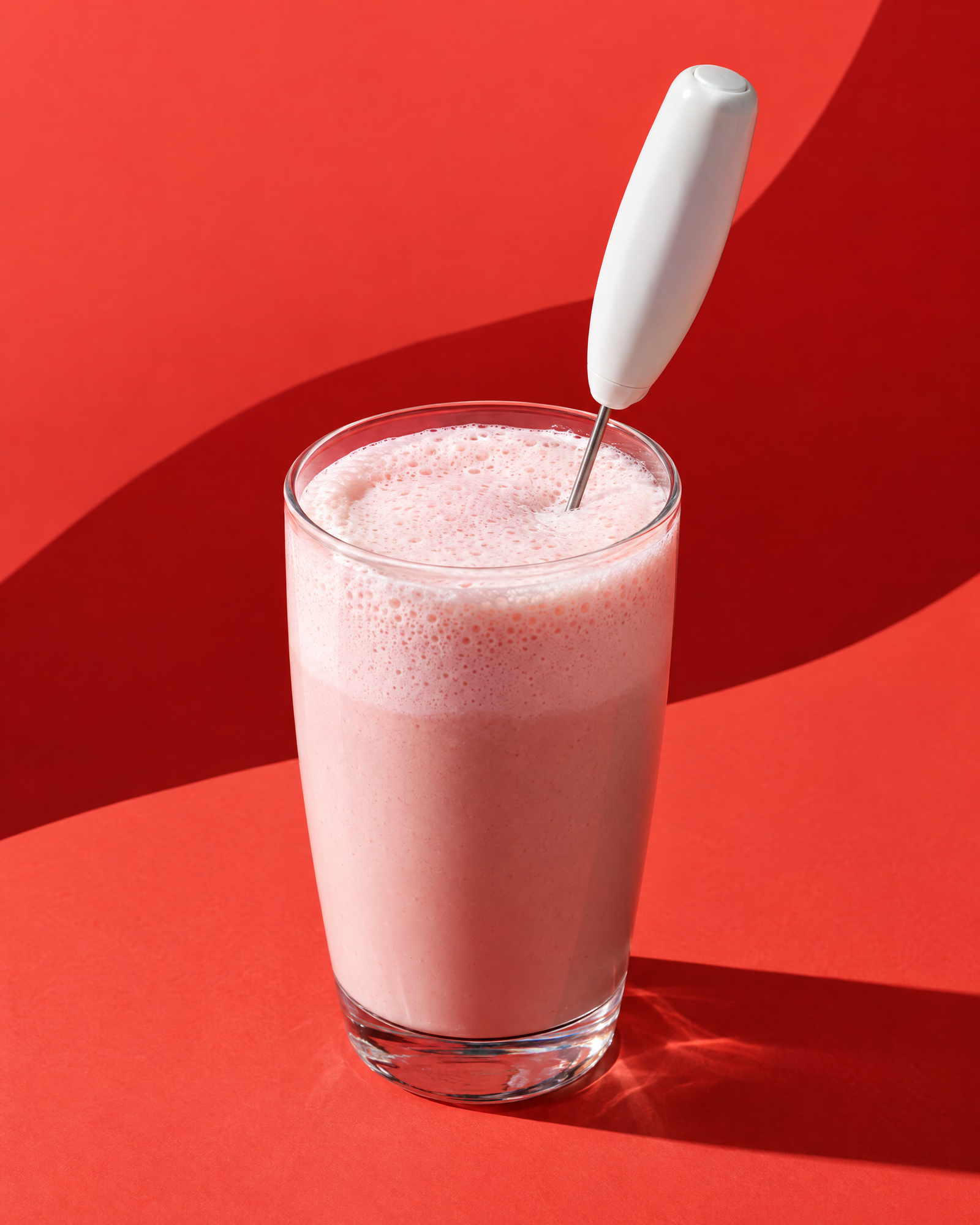 Un shake rose mousseux et son mousseur