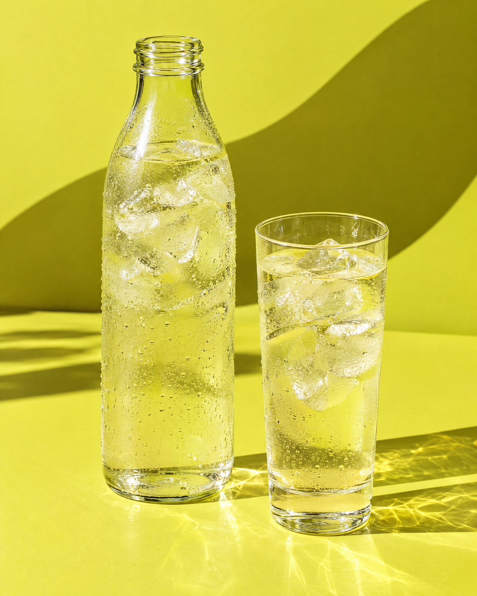 Une bouteille et un verre d’eau aromatisée