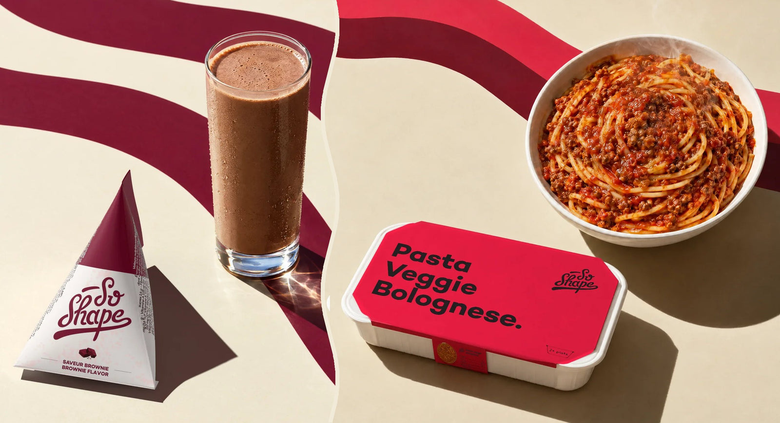 Un shake Brownie et son berlingot, une Pasta Veggie Bolognese et sa barquette