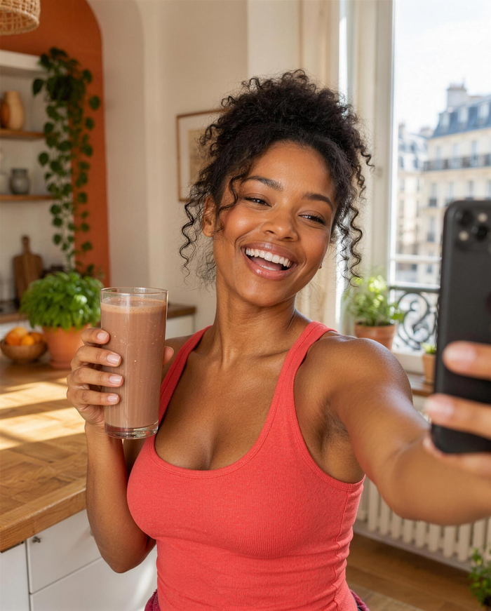 Une femme rit en se filmant au téléphone, un verre de shake chocolat à la main